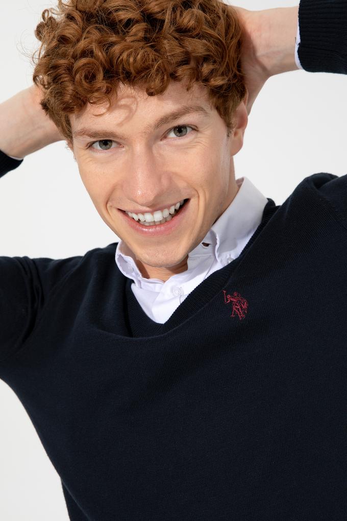 Erkek Lacivert V Yaka Basic Triko Kazak