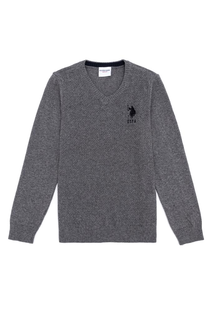 Erkek Çocuk Gri Melanj V Yaka Triko Kazak