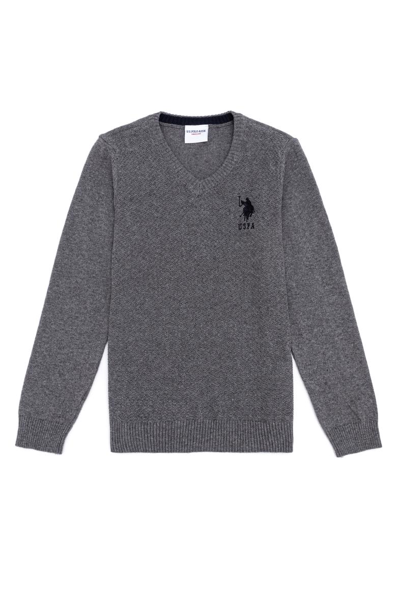 Erkek Çocuk Gri Melanj V Yaka Triko Kazak