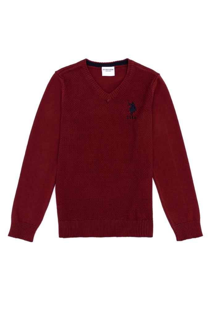 Erkek Çocuk Vişne V - Yaka Triko Kazak