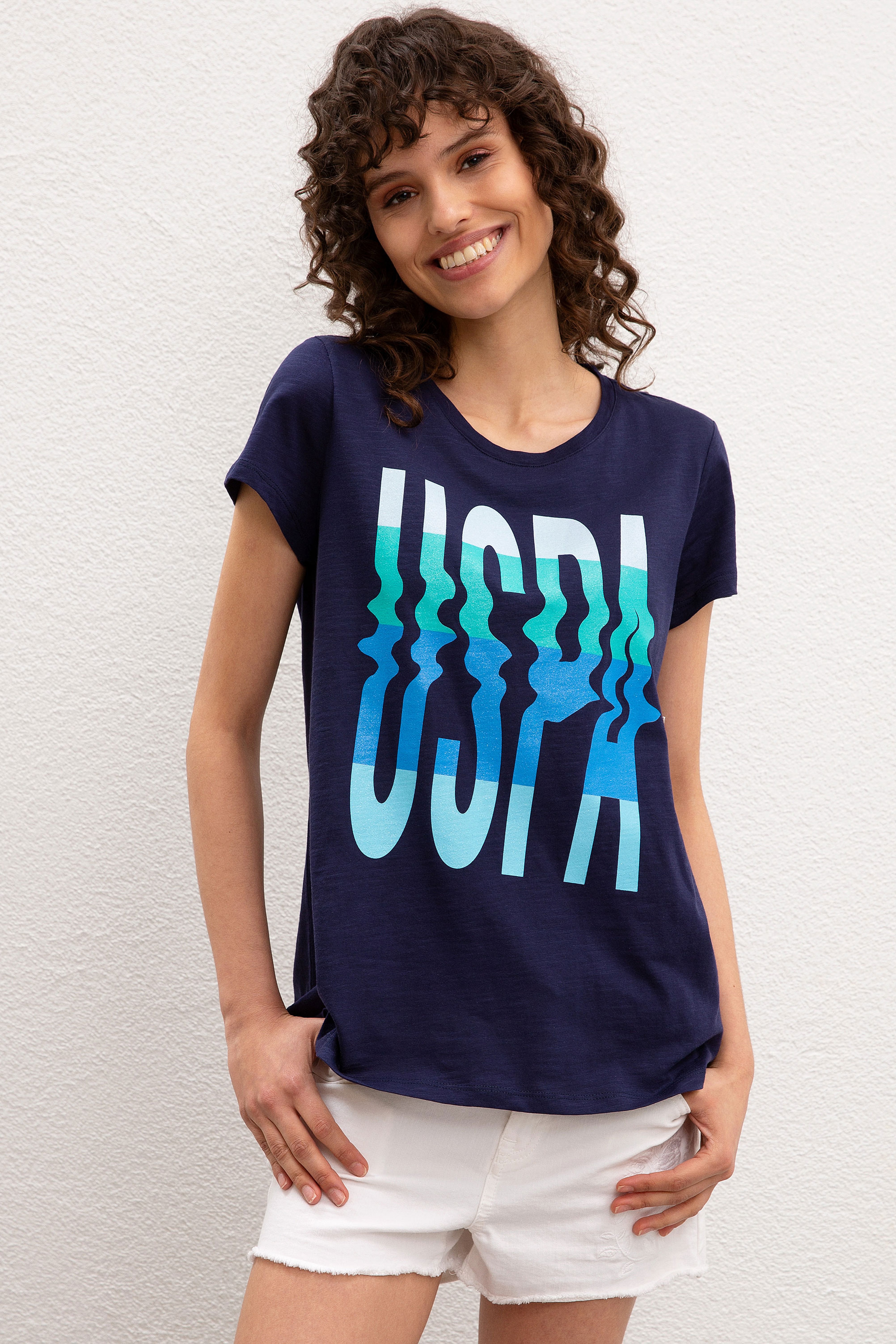 Kadın Lacivert Bisiklet Yaka T-Shirt - Image 1