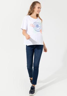 Kadın Beyaz Bisiklet Yaka Tişört - 50248989008