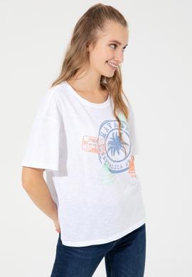 Kadın Beyaz Bisiklet Yaka Tişört - 50248989008