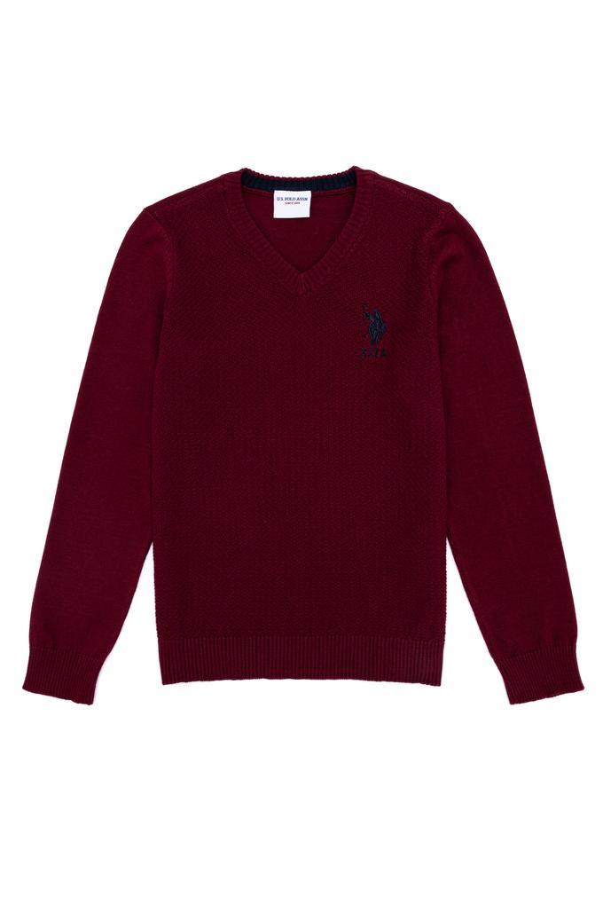 Erkek Çocuk Bordo V Yaka Triko Kazak