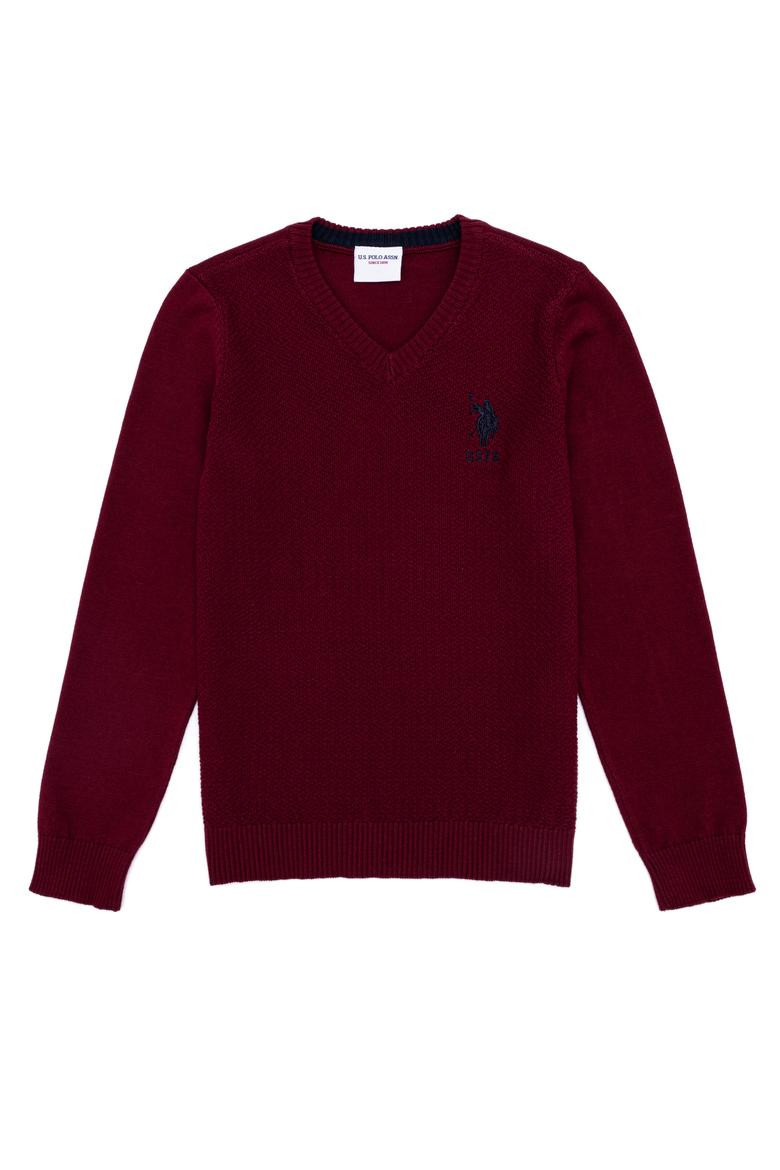 Erkek Çocuk Bordo V Yaka Triko Kazak