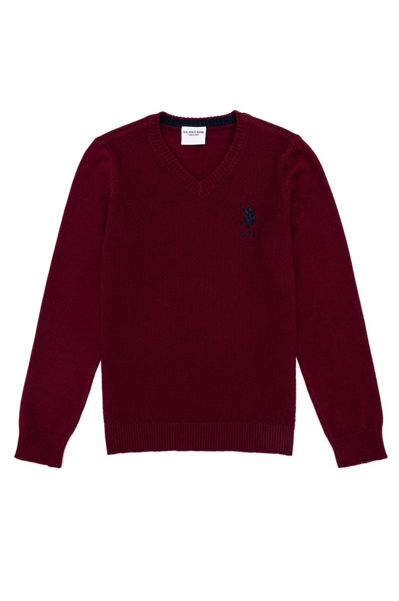 Erkek Çocuk Bordo V Yaka Triko Kazak