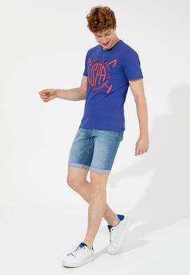 Erkek Mavi Bisiklet Yaka Tişört - 50248557007