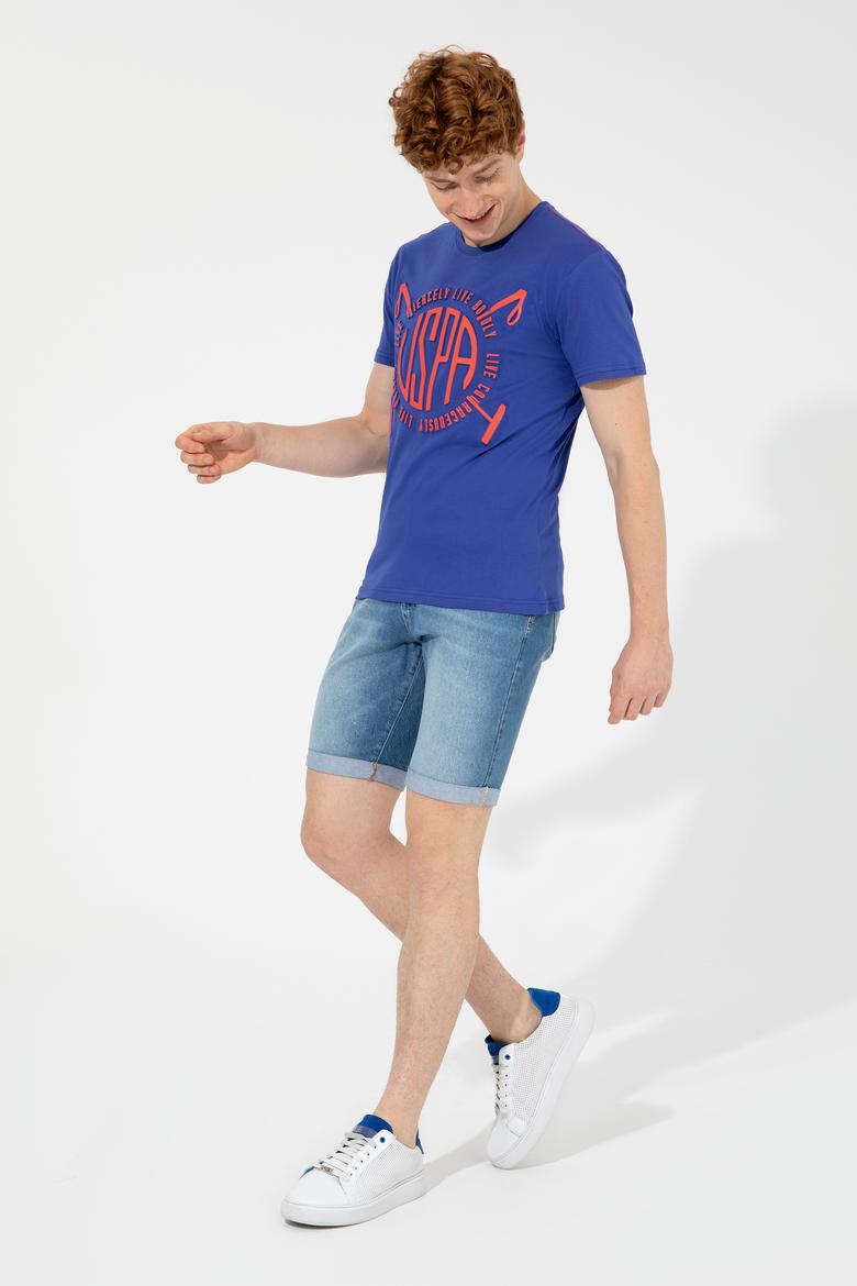 Erkek Mavi Bisiklet Yaka Tişört - 50248557007