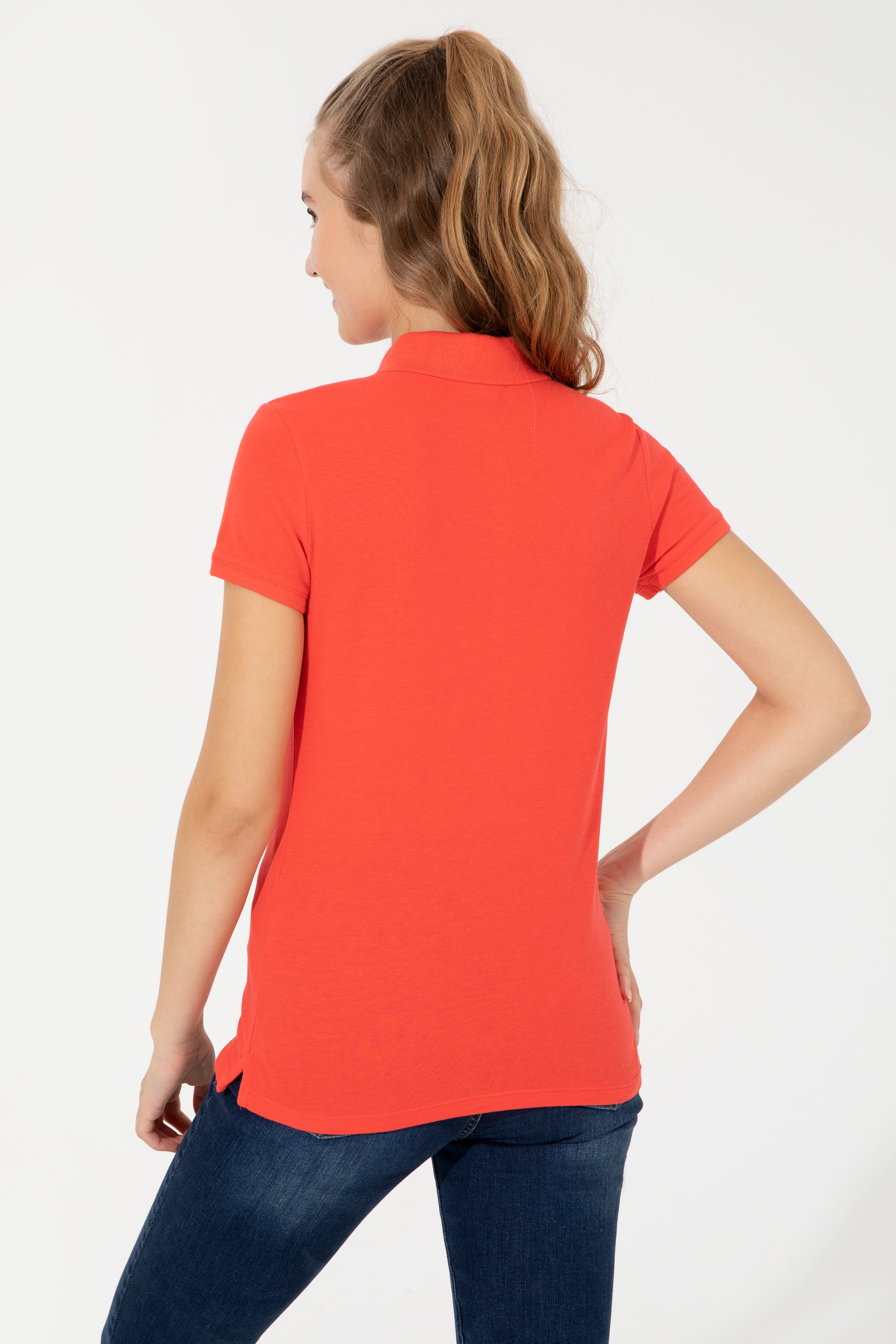 Kadın Kırmızı Basic Polo Yaka Tişört - Image 5