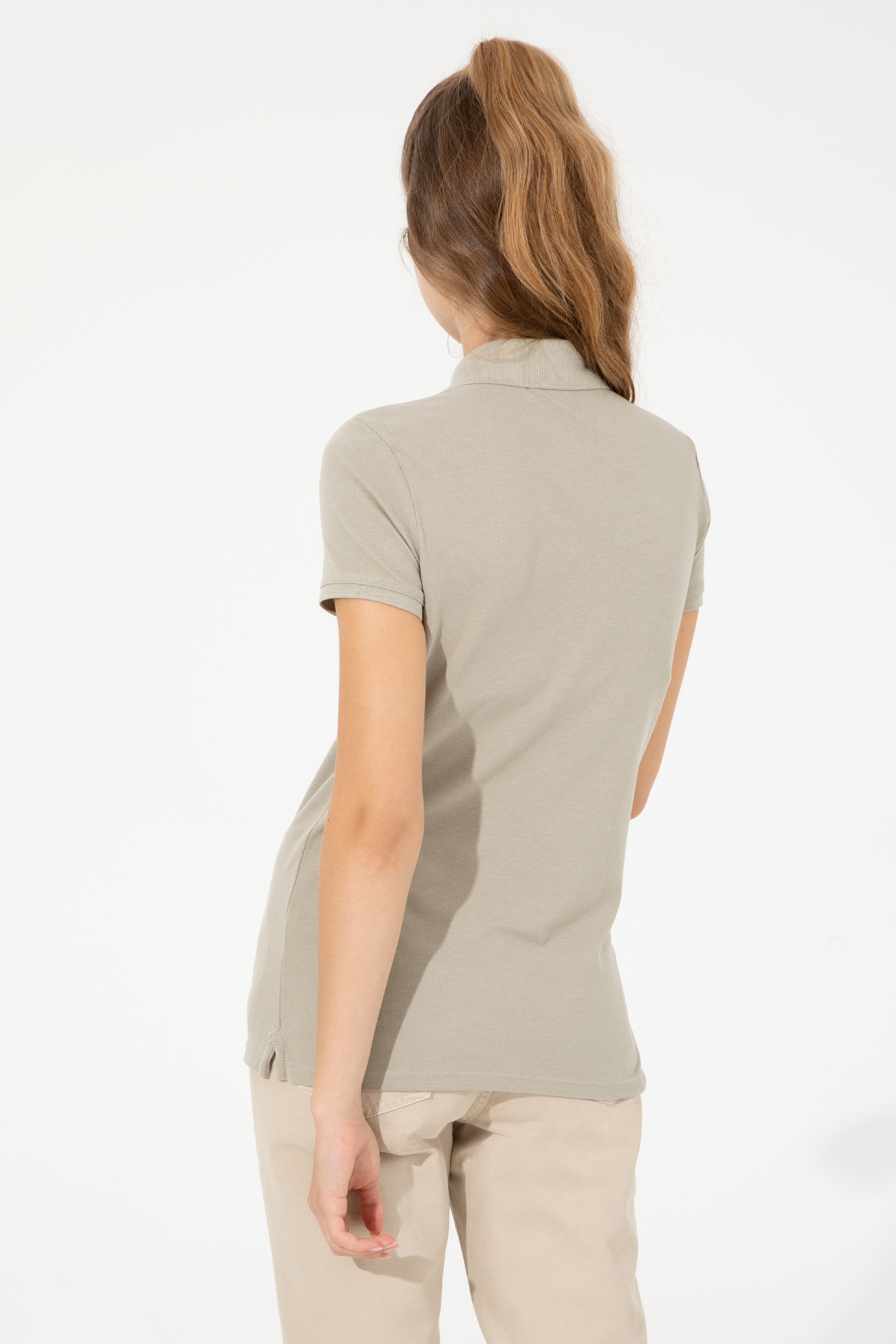 Kadın Haki Basic Polo Yaka Tişört - Image 5