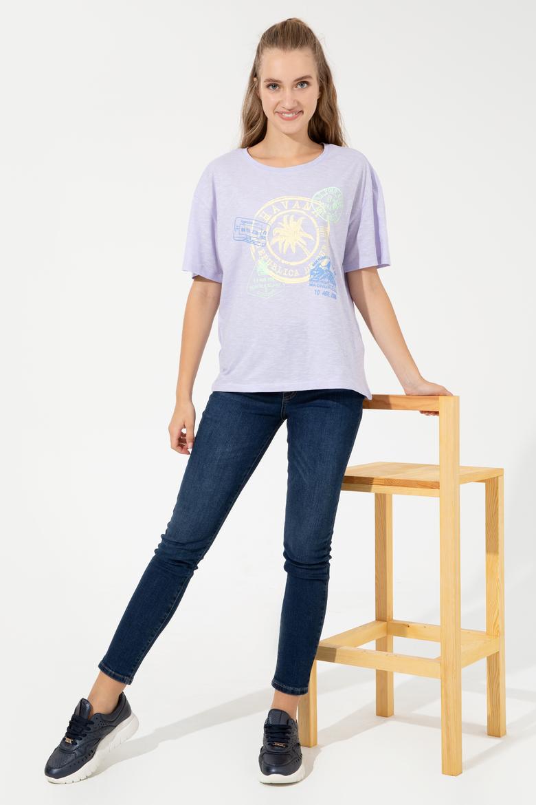Kadın Lila Bisiklet Yaka Tişört - 50248989016