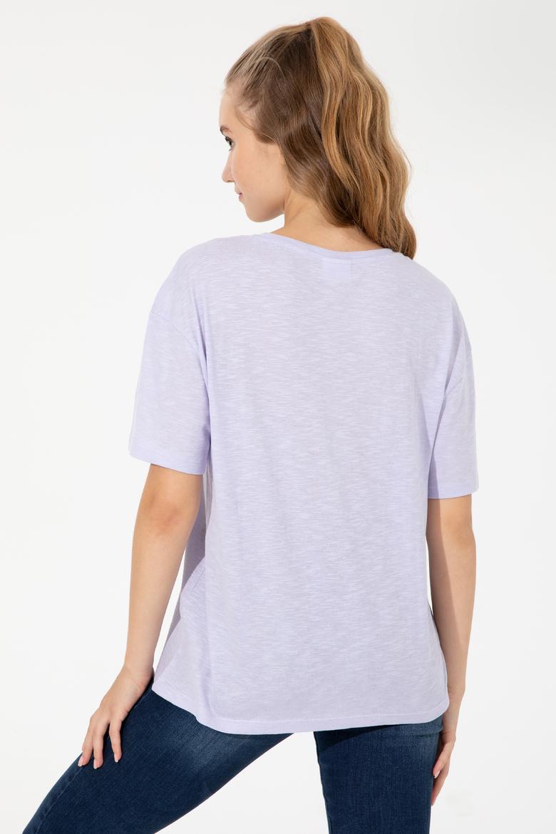Kadın Lila Bisiklet Yaka Tişört - 50248989016