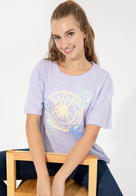 Kadın Lila Bisiklet Yaka Tişört - 50248989016