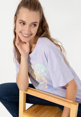 Kadın Lila Bisiklet Yaka Tişört - 50248989016