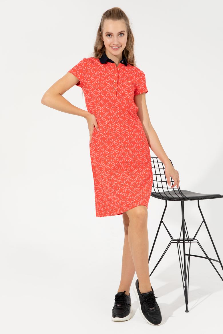 Kadın Kırmızı Polo Yaka Örme Elbise