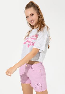 Kadın Gri Melanj Bisiklet Yaka Crop Tişört - 50248957038