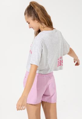 Kadın Gri Melanj Bisiklet Yaka Crop Tişört - 50248957038