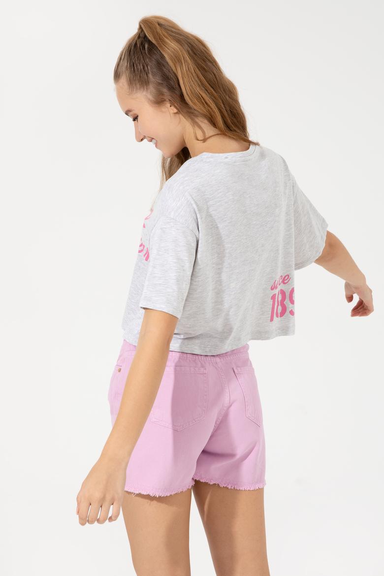 Kadın Gri Melanj Bisiklet Yaka Crop Tişört - 50248957038