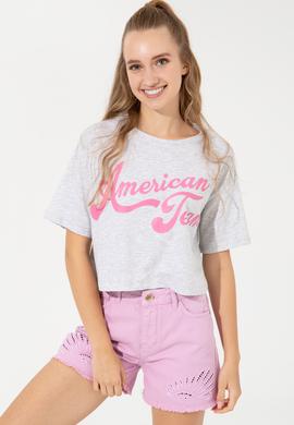 Kadın Gri Melanj Bisiklet Yaka Crop Tişört - 50248957038