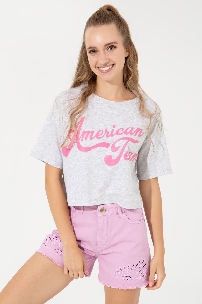 Kadın Gri Melanj Bisiklet Yaka Crop Tişört - 50248957038