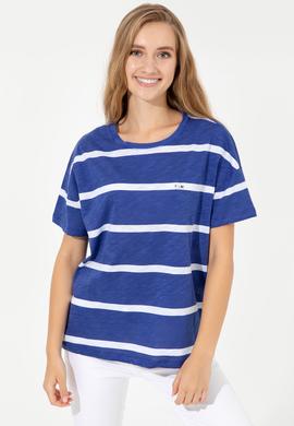 Kadın Mavi Bisiklet Yaka Tişört - 50249013052