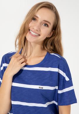 Kadın Mavi Bisiklet Yaka Tişört - 50249013052