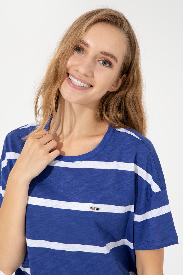 Kadın Mavi Bisiklet Yaka Tişört - 50249013052