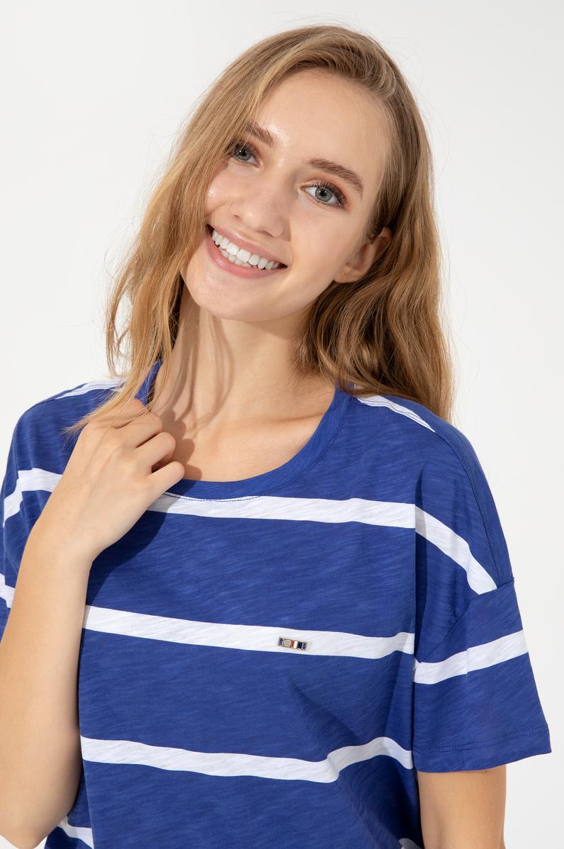 Kadın Mavi Bisiklet Yaka Tişört