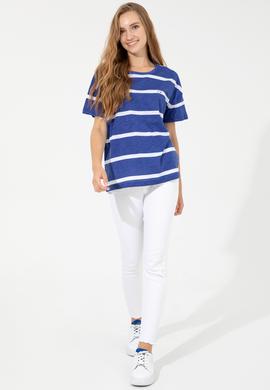 Kadın Mavi Bisiklet Yaka Tişört - 50249013052