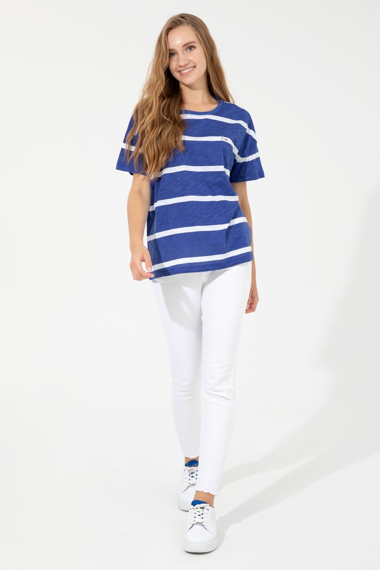 Kadın Mavi Bisiklet Yaka Tişört - 50249013052