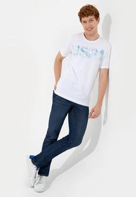 Erkek Beyaz Bisiklet Yaka Tişört - 50248598005