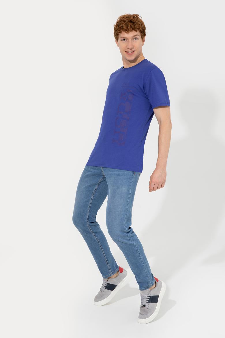 Erkek Mavi Bisiklet Yaka Tişört - 50247340186