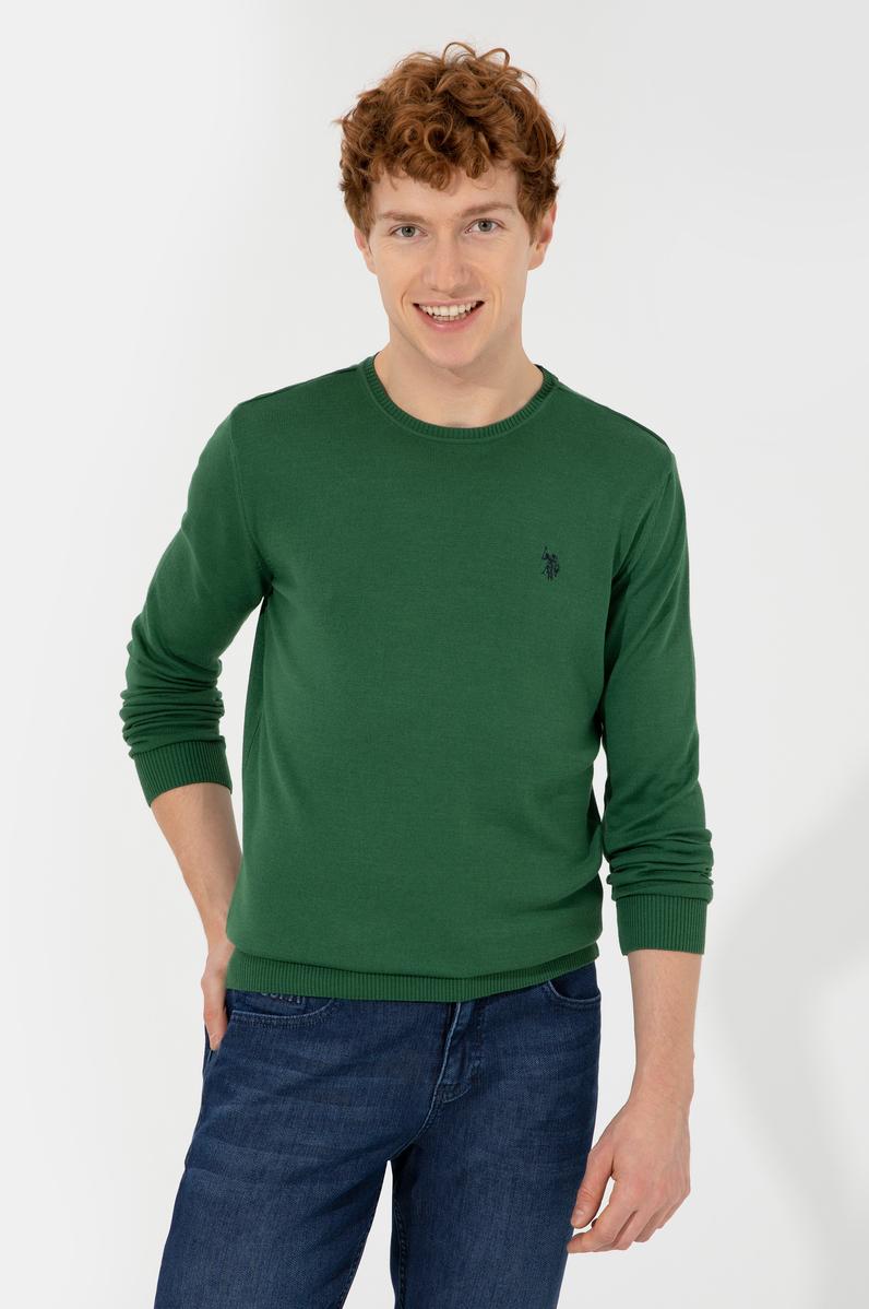 Erkek Yeşil Bisiklet Yaka Basic Triko Kazak