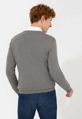 Erkek Gri Melanj V Yaka Basic Triko Kazak - 50256658066