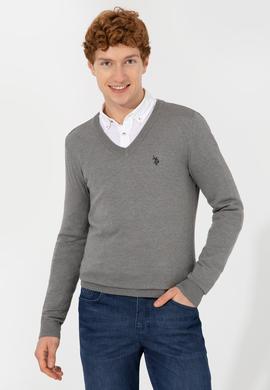 Erkek Gri Melanj V Yaka Basic Triko Kazak - 50256658066