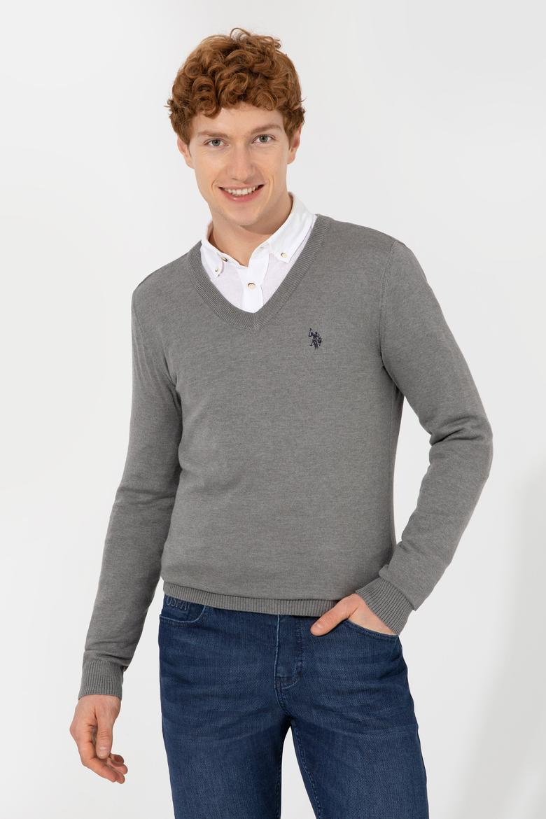 Erkek Gri Melanj V Yaka Basic Triko Kazak - 50256658066