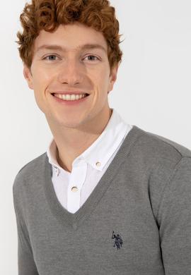 Erkek Gri Melanj V Yaka Basic Triko Kazak - 50256658066