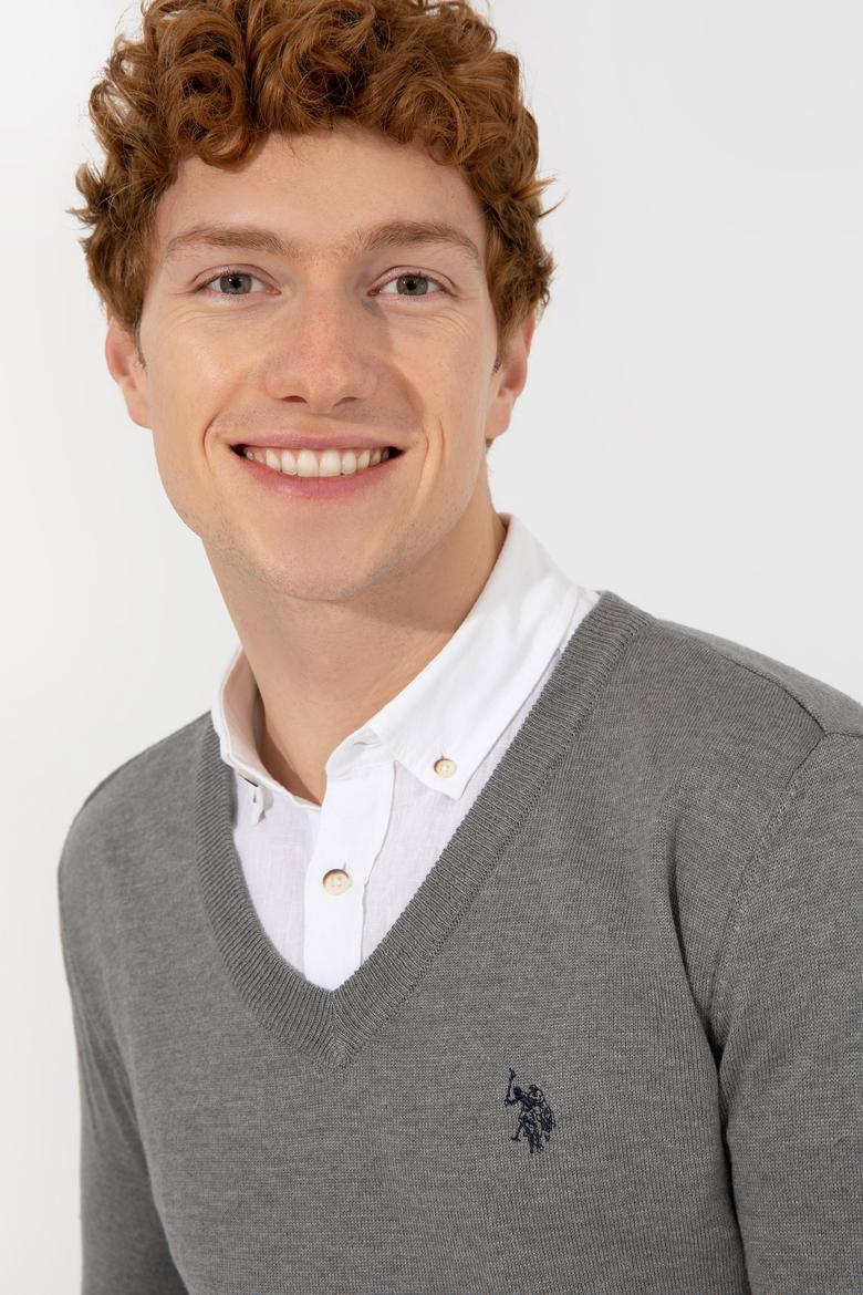 Erkek Gri Melanj V Yaka Basic Triko Kazak - 50256658066