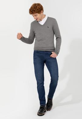 Erkek Gri Melanj V Yaka Basic Triko Kazak - 50256658066