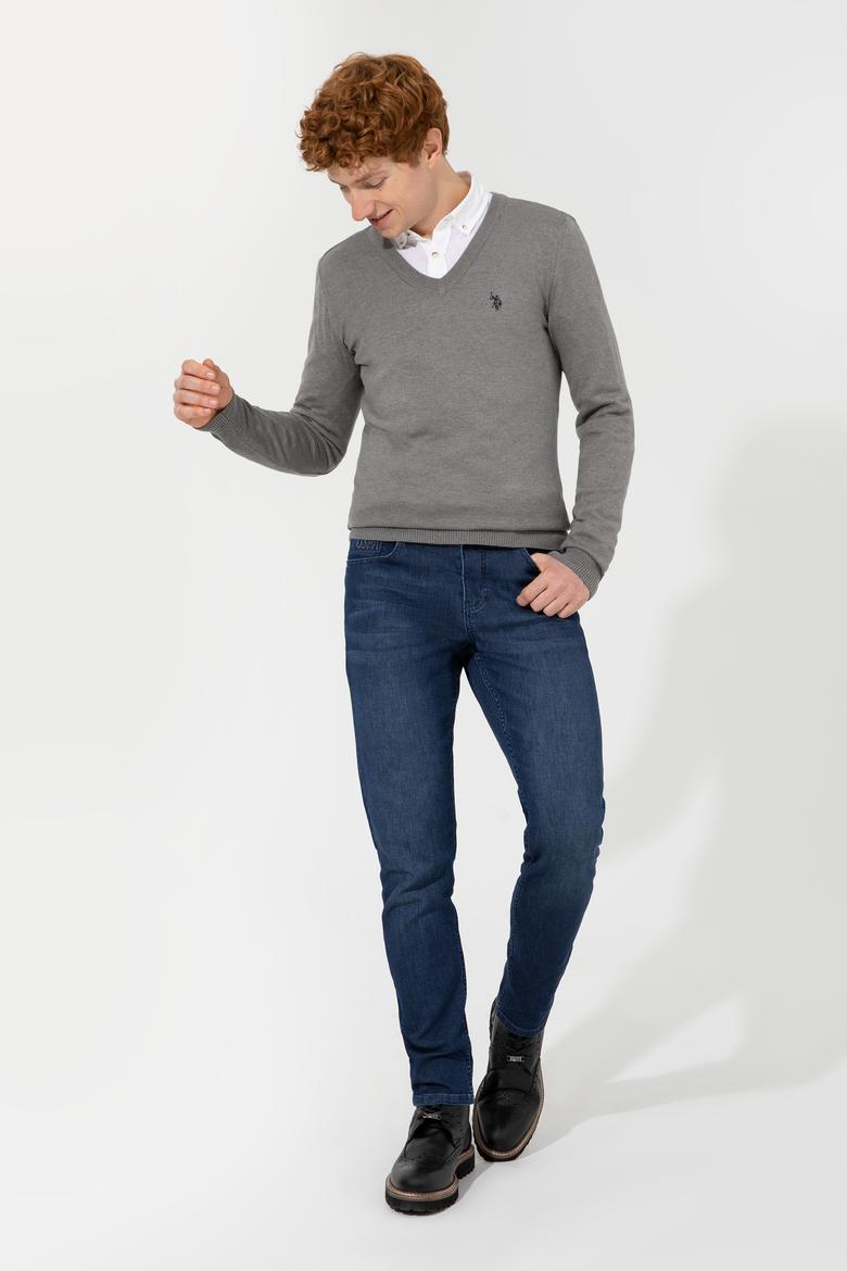 Erkek Gri Melanj V Yaka Basic Triko Kazak - 50256658066