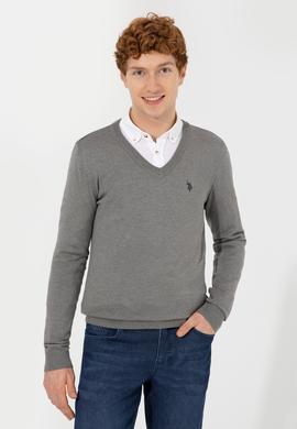 Erkek Gri Melanj V Yaka Basic Triko Kazak - 50256658066