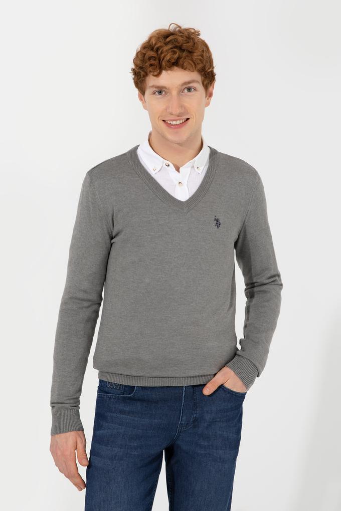 Erkek Gri Melanj V Yaka Basic Triko Kazak