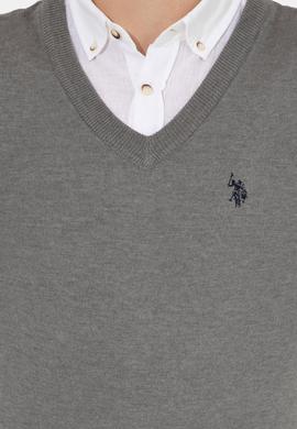 Erkek Gri Melanj V Yaka Basic Triko Kazak - 50256658066