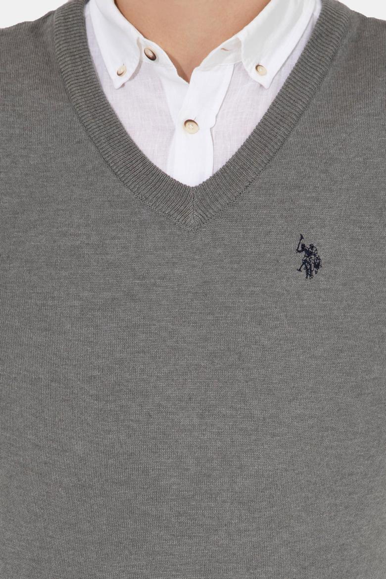 Erkek Gri Melanj V Yaka Basic Triko Kazak - 50256658066