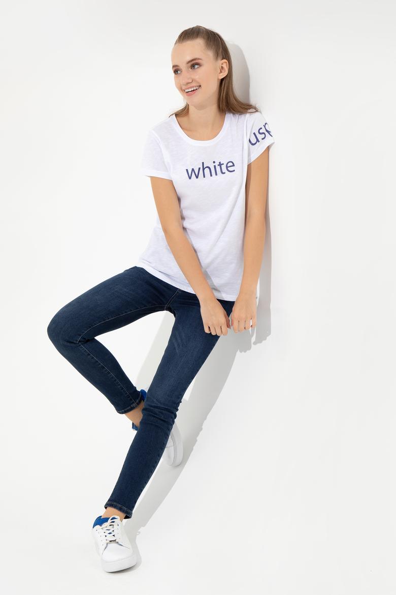 Kadın Beyaz Bisiklet Yaka T-Shirt - 50248142012