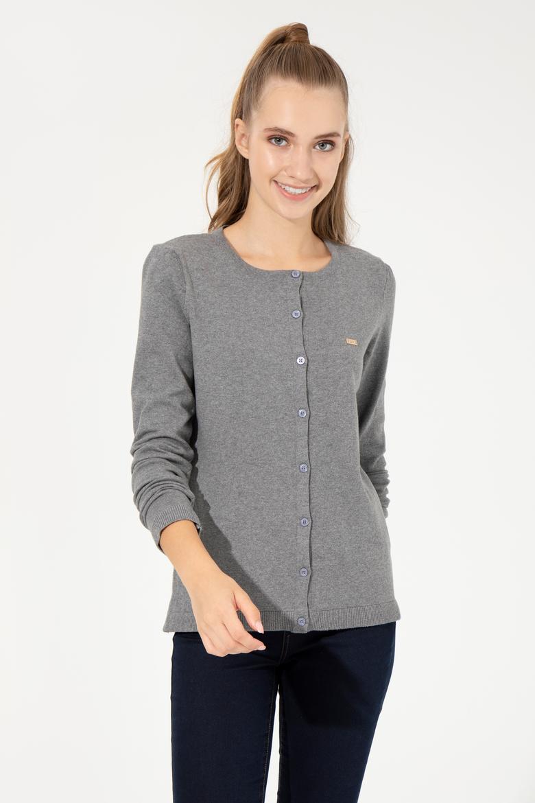 Kadın Gri Melanj Basic Triko Hırka