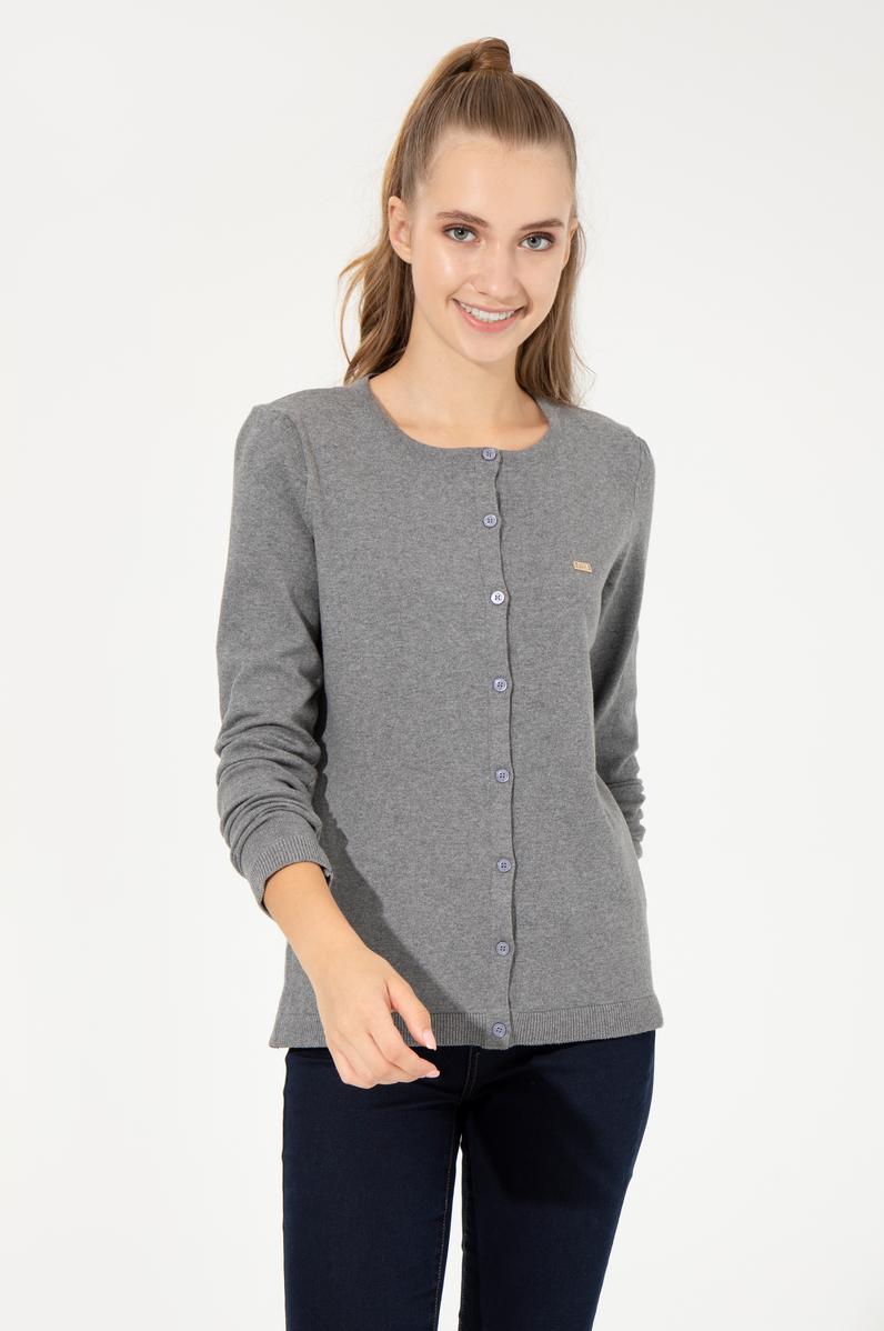 Kadın Gri Melanj Basic Triko Hırka