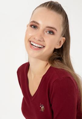 Kadın Bordo V Yaka Basic Kazak - 50255648004