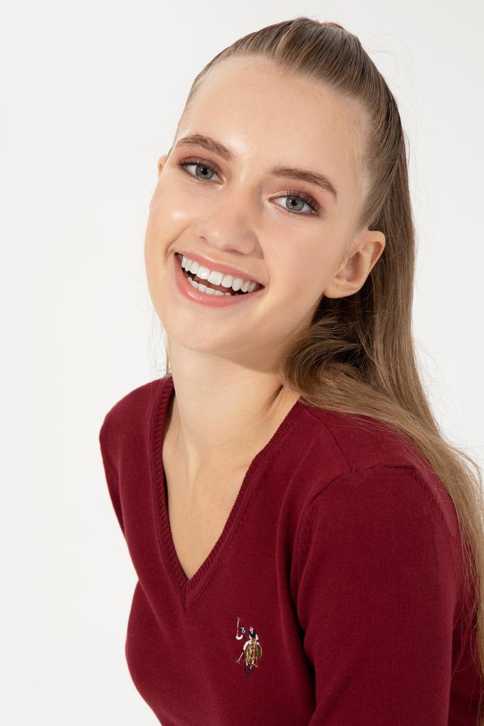 Kadın Bordo V Yaka Basic Kazak