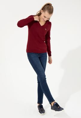 Kadın Bordo V Yaka Basic Kazak - 50255648004